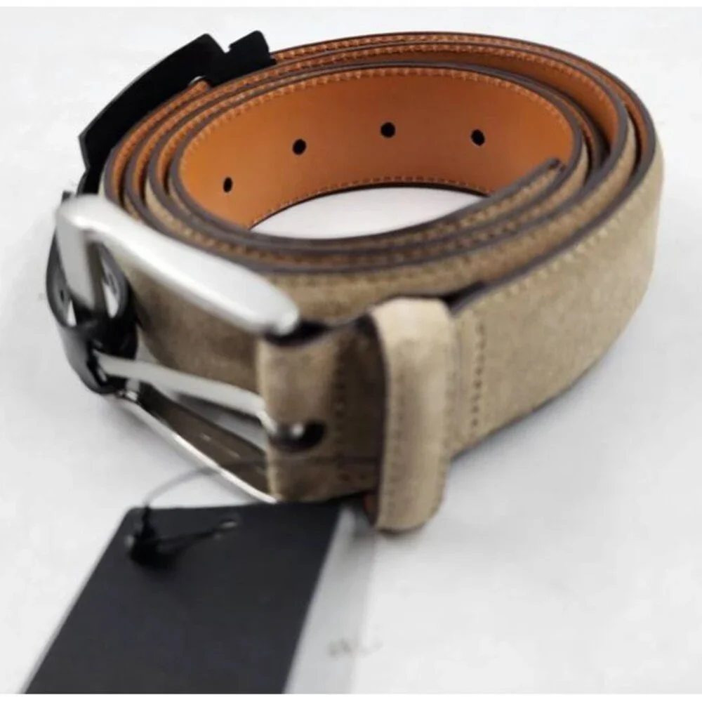 Magnanni Telante Suede & Leather Belt Men's 44 Taupe Nickel-Tone Square Buckle